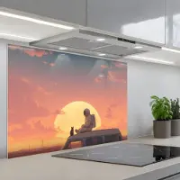 KitchenYeah Spatscherm 80x55 cm - Zelfklevende achterwand Busje - Kat - Zonsondergang - Oranje - Keuken muurbeschermer - Spatwand fornuis