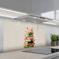 KitchenYeah Spatscherm 120x60 cm - Zelfklevende achterwand Boeken - Stapel - Bloemen - Kleurrijk - Keuken muurbeschermer - Spatwand fornuis