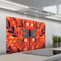 KitchenYeah Spatscherm 100x65 cm - Zelfklevende achterwand Libel - Blauw - Vleugels - Bladeren - Keuken muurbeschermer - Spatwand fornuis