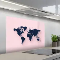 KitchenYeah Spatscherm 100x65 cm - Zelfklevende achterwand Roze - Contrast - Blauw - Wereldkaart - Keuken muurbeschermer - Spatwand fornuis
