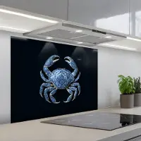 KitchenYeah Spatscherm 80x60 cm - Zelfklevende achterwand Krab - Delfts blauw - Dieren - Keuken muurbeschermer - Spatwand fornuis