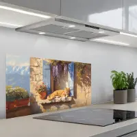 KitchenYeah Spatscherm 90x45 cm - Zelfklevende achterwand Kat - Stenen vensterbank - Bloemen - Keuken muurbeschermer - Spatwand fornuis