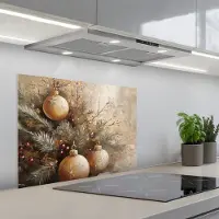 KitchenYeah Spatscherm 70x50 cm - Zelfklevende achterwand Kerst - Kerstballen - Beige - Goud - Keuken muurbeschermer - Spatwand fornuis