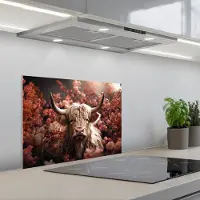KitchenYeah Spatscherm 60x45 cm - Zelfklevende achterwand Schotse hooglander - Dier - Natuur - Bloemen - Botanisch - Keuken muurbeschermer - Spatwand fornuis