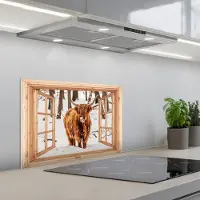 KitchenYeah Spatscherm 60x40 cm - Zelfklevende achterwand Schotse Hooglander - Winter - Landschap - Natuur - Dieren - Doorkijk - Keuken muurbeschermer - Spatwand fornuis