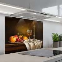 KitchenYeah Spatscherm 90x70 cm - Zelfklevende achterwand Fruit - Stilleven - Wijn - Kaars - Keuken muurbeschermer - Spatwand fornuis
