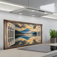 KitchenYeah Spatscherm 100x50 cm - Zelfklevende achterwand Doorkijk - Landschap - Bergen - Uitzicht - Raam - Keuken muurbeschermer - Spatwand fornuis