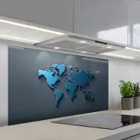 KitchenYeah Spatscherm 120x60 cm - Zelfklevende achterwand Metallic - Blauw - Wereldkaart - 3D - Keuken muurbeschermer - Spatwand fornuis