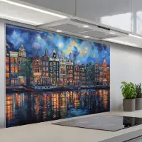 KitchenYeah Spatscherm 120x80 cm - Zelfklevende achterwand Grachten Amsterdam - Huizen - Stad - Kleurrijk - Keuken muurbeschermer - Spatwand fornuis