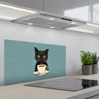 KitchenYeah Spatscherm 90x45 cm - Zelfklevende achterwand Kat - Zwart - Koffie - Minimalistisch - Keuken muurbeschermer - Spatwand fornuis