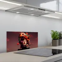 KitchenYeah Spatscherm 70x30 cm - Zelfklevende achterwand Vrouw - Donuts - Kleurrijk - Keuken muurbeschermer - Spatwand fornuis