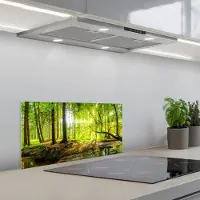 KitchenYeah Spatscherm 70x30 cm - Zelfklevende achterwand Bos - Landschap - Water - Bomen - Zon - Groen - Natuur - Keuken muurbeschermer - Spatwand fornuis