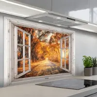 KitchenYeah Spatscherm 120x80 cm - Zelfklevende achterwand Bos - Herfst - Bomen - Bospad - Natuur - Doorkijk - Keuken muurbeschermer - Spatwand fornuis