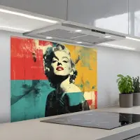 KitchenYeah Spatscherm 80x60 cm - Zelfklevende achterwand Vrouw - Rode lippen - Abstracte kleurvlakken - Popartuistraling - Keuken muurbeschermer - Spatwand fornuis