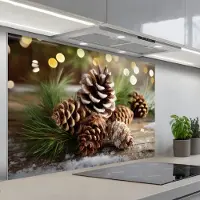 KitchenYeah Spatscherm 120x80 cm - Zelfklevende achterwand Dennenappels - Kerstsfeer - Bruin - Groen - Keuken muurbeschermer - Spatwand fornuis