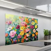 KitchenYeah Spatscherm 100x65 cm - Zelfklevende achterwand Bloemen explosie - Heldere kleuren - Vrolijk - Keuken muurbeschermer - Spatwand fornuis