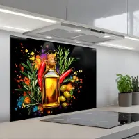 KitchenYeah Spatscherm 90x70 cm - Zelfklevende achterwand Olijfolie - Graffiti - Peper - Olijven - Modern - Keuken muurbeschermer - Spatwand fornuis