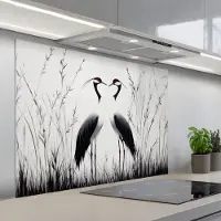 KitchenYeah Spatscherm 100x75 cm - Zelfklevende achterwand Kraanvogels - Gras - Hartvorm - Zwart - Keuken muurbeschermer - Spatwand fornuis