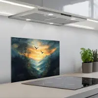 KitchenYeah Spatscherm 60x45 cm - Zelfklevende achterwand Vogels - Zon - Bomen - Groen - Keuken muurbeschermer - Spatwand fornuis