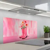 KitchenYeah Spatscherm 100x50 cm - Zelfklevende achterwand Roze - Bloemen - Cowboy - Keuken muurbeschermer - Spatwand fornuis