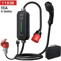 Junsun Hexinex Draagbare 11kW 16A 6M 3-Fase EV Laadkabel - Type 2 Laadpaal ,LCD Scherm, Schakelbare stroom, 1* Adapter - IEC62196-2 & IP65 - Opladen kan tot 15 uur van tevoren worden gereserveerd.