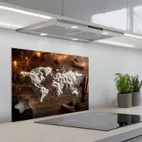 KitchenYeah Spatscherm 70x50 cm - Zelfklevende achterwand Wereldkaart - Poedersuiker - Hout - Keuken muurbeschermer - Spatwand fornuis