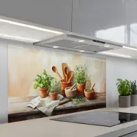 KitchenYeah Spatscherm 120x60 cm - Zelfklevende achterwand Potten - Kruiden - Hout - Keuken muurbeschermer - Spatwand fornuis