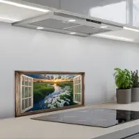 KitchenYeah Spatscherm 60x30 cm - Zelfklevende achterwand Doorkijk - Landschap - Raam - Water - Zonsondergang - Keuken muurbeschermer - Spatwand fornuis