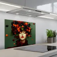 KitchenYeah Spatscherm 70x55 cm - Zelfklevende achterwand Vrouw - Aardbeien - Frambozen - Bramen - Bessen - Keuken muurbeschermer - Spatwand fornuis
