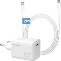 Phreeze oplader usb c - 65w - met 2m snoer - usb c naar usb c - snellader - usb c power adapter - voor m1 m2 m3 m4 air 17 pro max - oplader - 2 meter