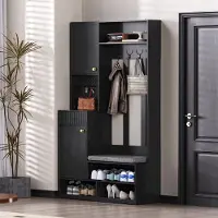 OKWISH Halkasten - Garderobekast Met Zitbank En 4 Haken - Met Deuren En Lades Voor Halopslag - 100x35x180 cm - MDF - Zwart
