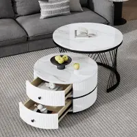 OKWISH Salontafels - Koffietafel Rond Set Met Lade En Opbergruimte - Stijlvol Voor Slaapkamer Of Woonruimte - MDF - Zwart - 60x60x46+50x50x30.8 cm