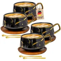 Intirilife 4x Kop keramiek met marmerdesign in Zwart - ongeveer 200 ml - Koffiemok, theemok met houten onderzetter Mok