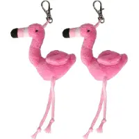 Nature Planet Flamingo vogel sleutelhanger - 2x - pluche knuffeltjes - roze - 6 cm