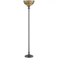 QUOIZEL Uplighter vloerlamp Kami, brons / oud-messing, Woon-/ Eetkamer, Glas, Tiffany, vloerlamp