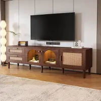 OKWISH TV-kast - TV-kast met 2 Rattan-lades, 2 Glazen deuren en 1 Rattan-deur - LED-verlichting - Voor woonkamer, eetkamer en slaapkamer - 180x40x50 cm - Hout - Bruin