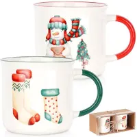 Home & Styling Grote Kerst Mokken Porselein – 300 ML – Set van 2 – Sneeuwpop Kerstboom Kerstsokken Design - Volumekorting