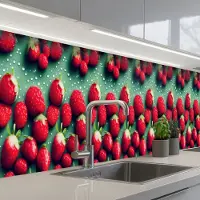 KitchenYeah Keuken achterwand 450x60 cm - Spatscherm zelfklevend Aardbeien - Rood - Groen - Kroontjes - Muurbeschermer - Spatwand fornuis