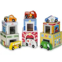 Melissa & Doug Stapel- en sorteerblokken – 6 gebouwen en 6 houten voertuigen