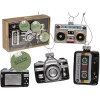 Out of the blue Retro glazen kerstdecoratie set – Cassette, Camera & Recorder