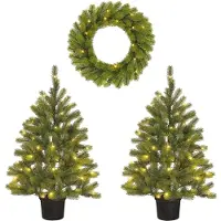 Black Box Trees Nagoya Kerstboom en Kerstkrans Set - 2 Kunstkerstbomen en 1 Krans met LED Verlichting - H90 x Ø45 cm - Groen