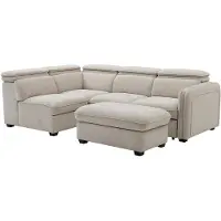 Vente-unique Slaapbank met hoek links en poef in beige stof - BALOTIA