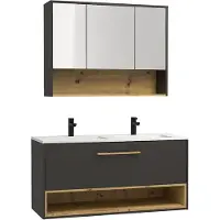 Vente-unique Antraciet hangmeubel voor badkamer met inbouwwastafel en toiletkastje - 120 cm - YANGRA