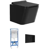 Vente-unique Set voor hang-wc van mat zwart keramiek met optie voorwandsysteem en ronde bedieningsplaat - CLEMONA L 35.5 cm x H 34 cm x D 51.5 cm