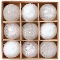 LONGZIMING Kerstversiering - 9 Stuks - Kerstballen 7.5 cm - Witte Glanzende & Glitter Kerstboom Ballen - Onbreekbare Hangornamenten - voor kerstboomhangers