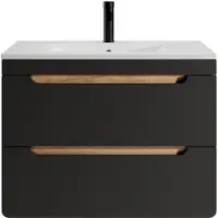Vente-unique Zwevend badkamermeubel met inbouwwaskom - 80 cm - Licht naturel en antraciet - ARUBA