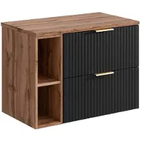Vente-unique Geribbeld hangend meubel onder wastafel met nissen - Zwart en licht naturel - L80 cm - ZEVARA