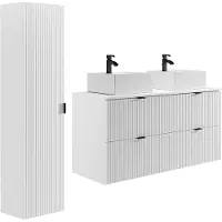 Vente-unique Hangend badkamermeubel geribbeld met vierkante opzet wastafel en kolomkast - Mat wit - 120 cm - ZEVINI