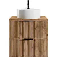 Vente-unique Hangend badkamermeubel geribbeld met ronde opzet wastafel - Licht naturel en zwart - 60 cm - MADELA