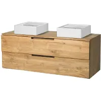 Vente-unique Zwevende badkamerkast in licht teakhout met dubbele wastafel - 2 lades - 115 cm - BIMBING